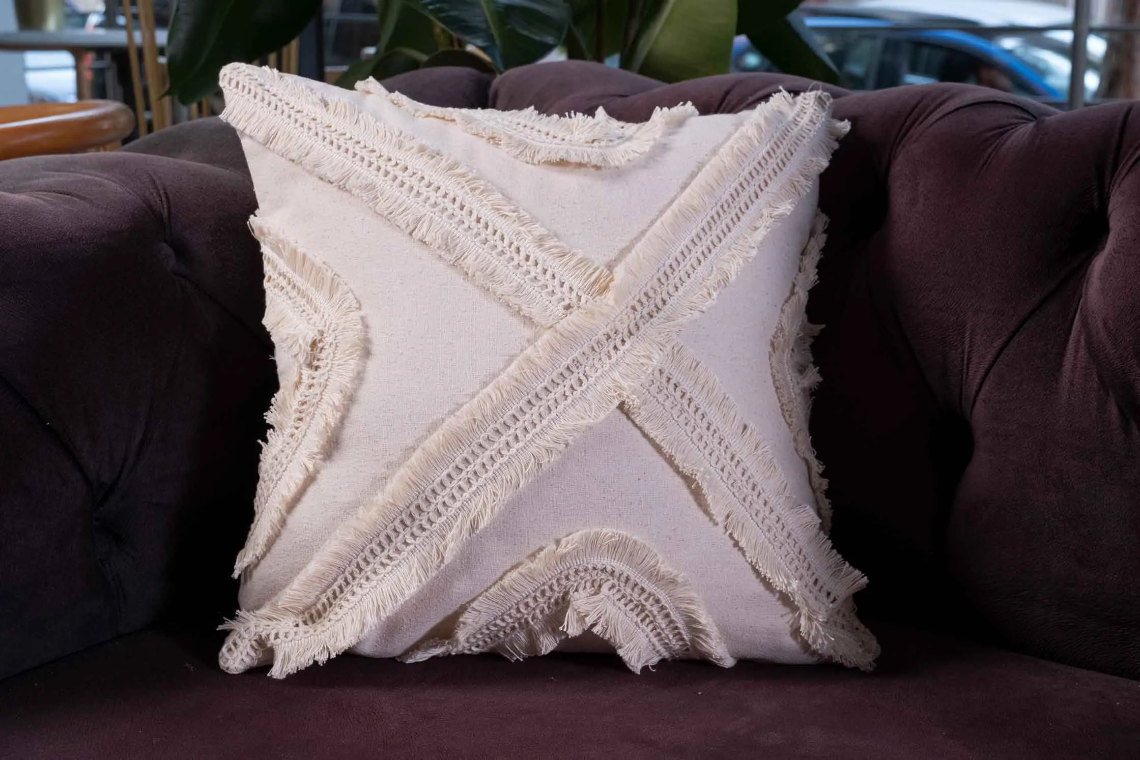 Fashionista Design Macrame Tassel Fringed Linen Cushion Cover - Square