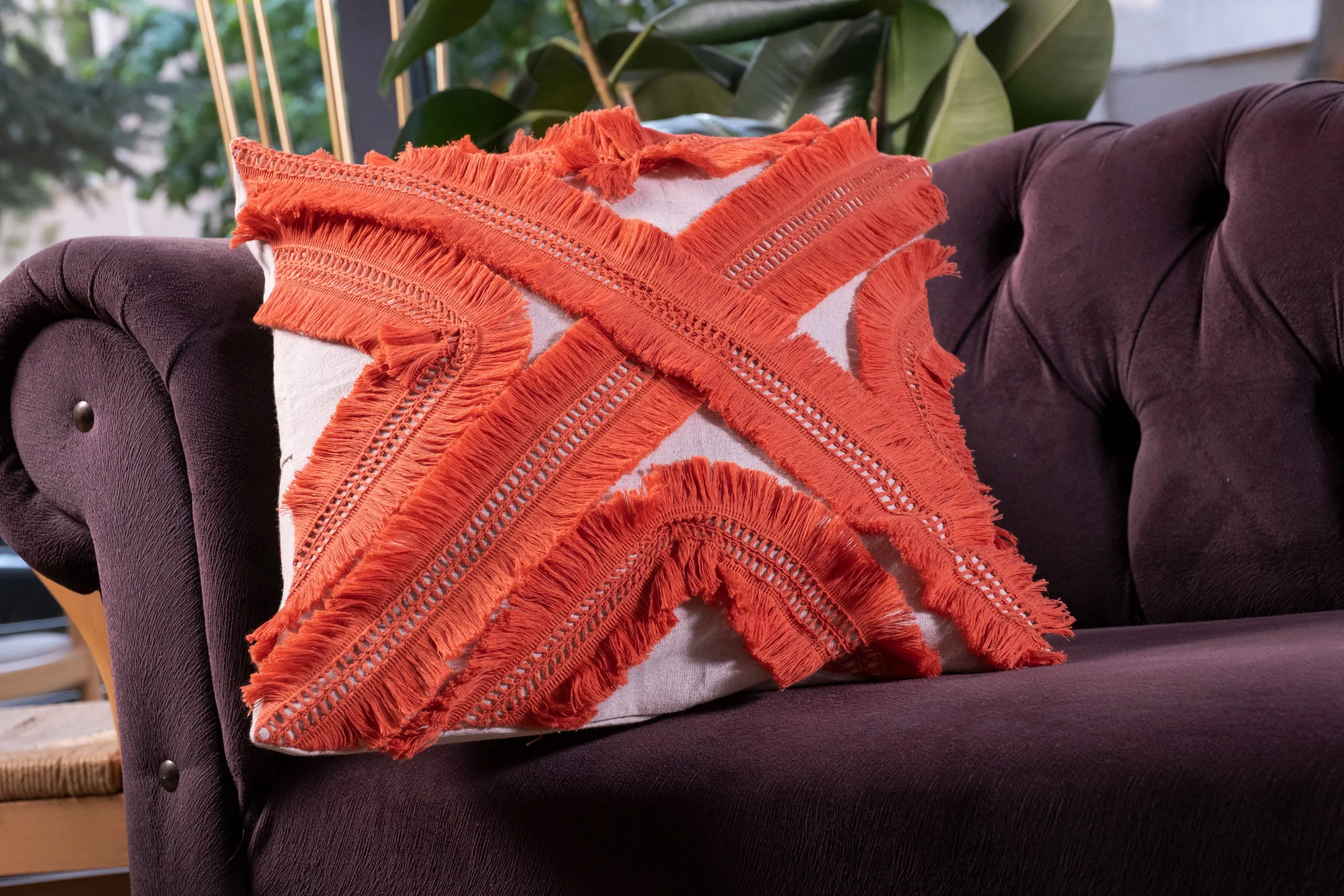 Fashionista Design Macrame Tassel Fringed Linen Cushion Cover - Square