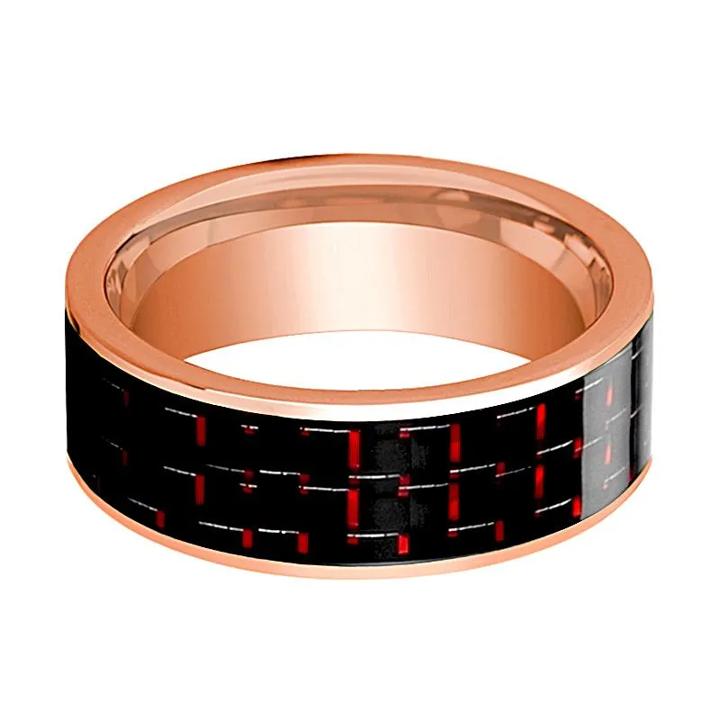 Flat Polished 14k Rose Gold Men's Wedding Band with Black and Red Carbon Fiber Inlay