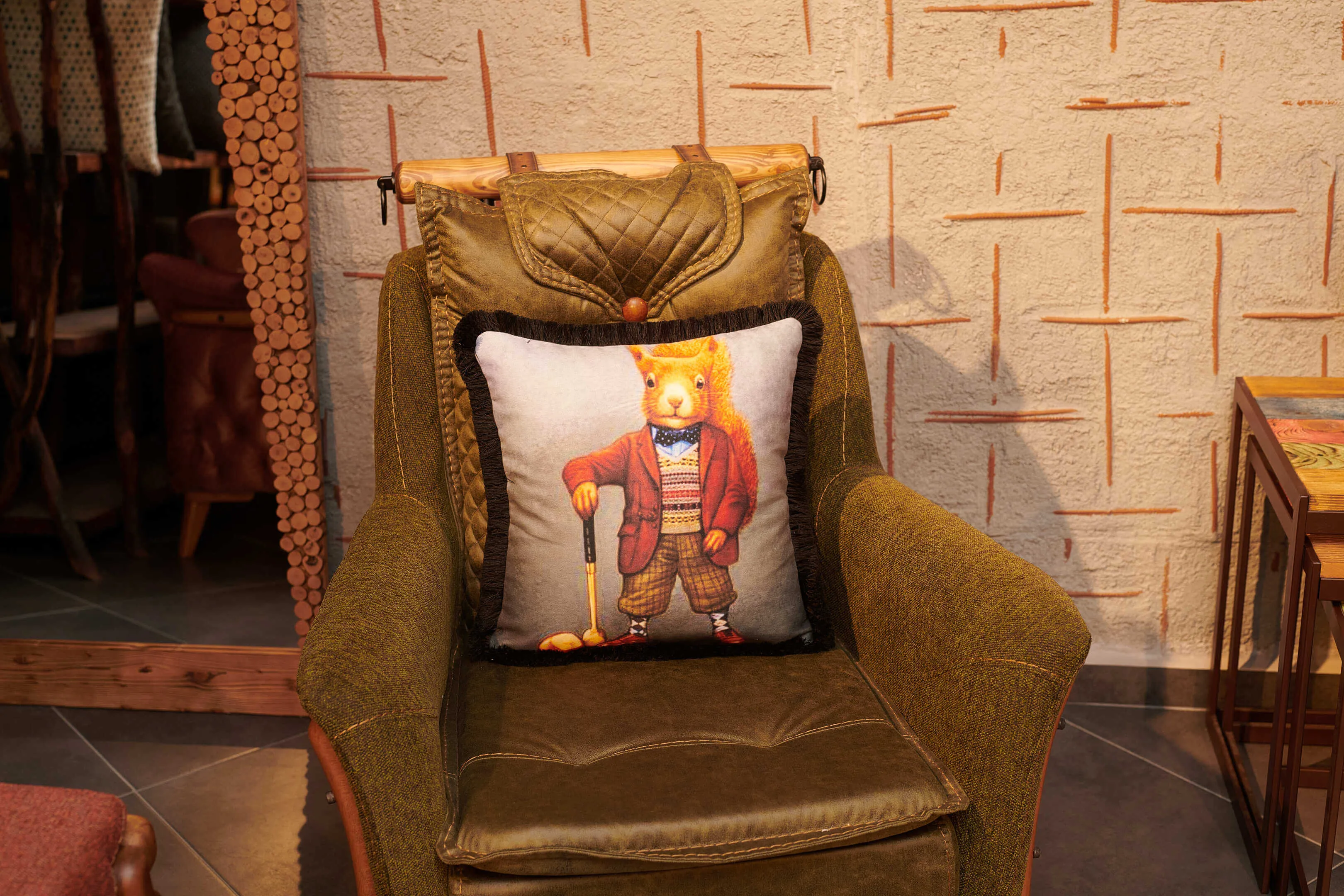 Golfer Squirrel Printed Velvet Cushion