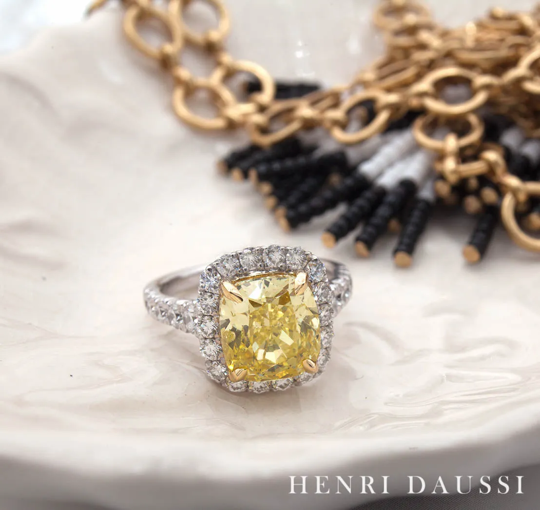 Henri Daussi Canary Fancy Yellow Cushion GIA Certified 2.85ct t.w. Engagement Ring