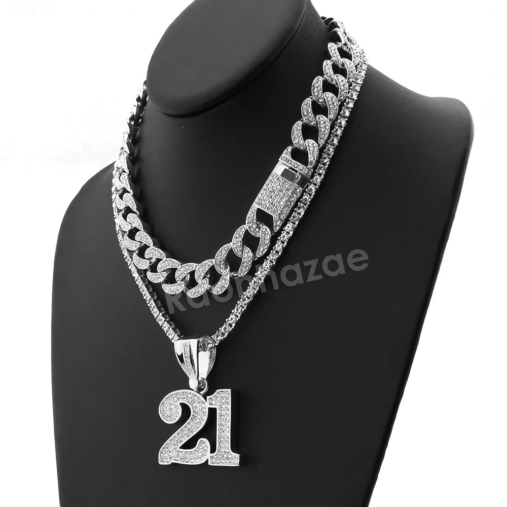 Hip Hop Quavo 21 SAVAGE Miami Cuban Choker Tennis Chain Necklace L21