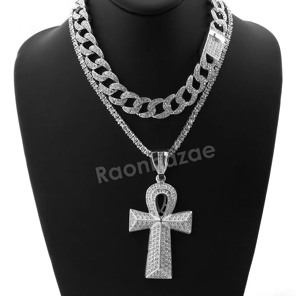Hip Hop Quavo Ankh Cross Miami Cuban Choker Tennis Chain Necklace L09