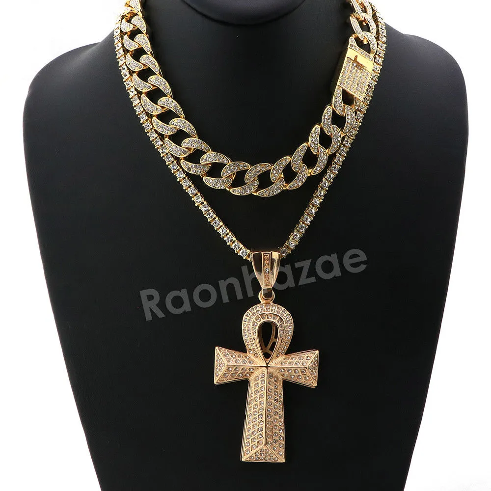 Hip Hop Quavo Ankh Cross Miami Cuban Choker Tennis Chain Necklace L09