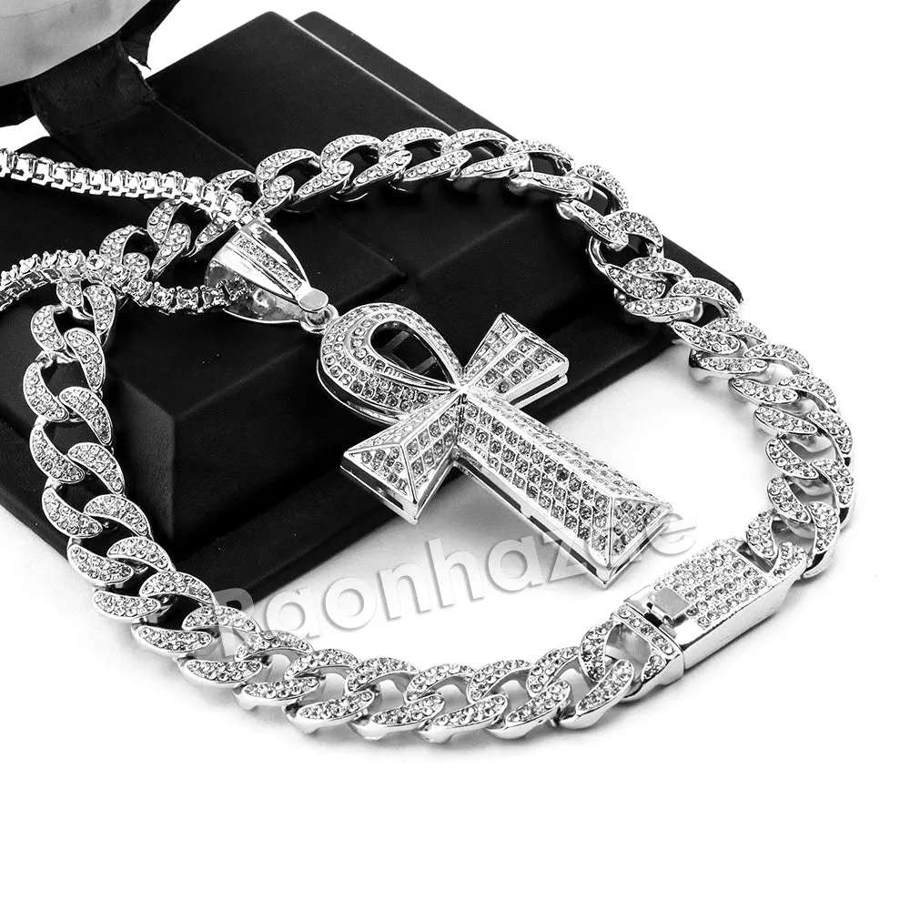 Hip Hop Quavo Ankh Cross Miami Cuban Choker Tennis Chain Necklace L09