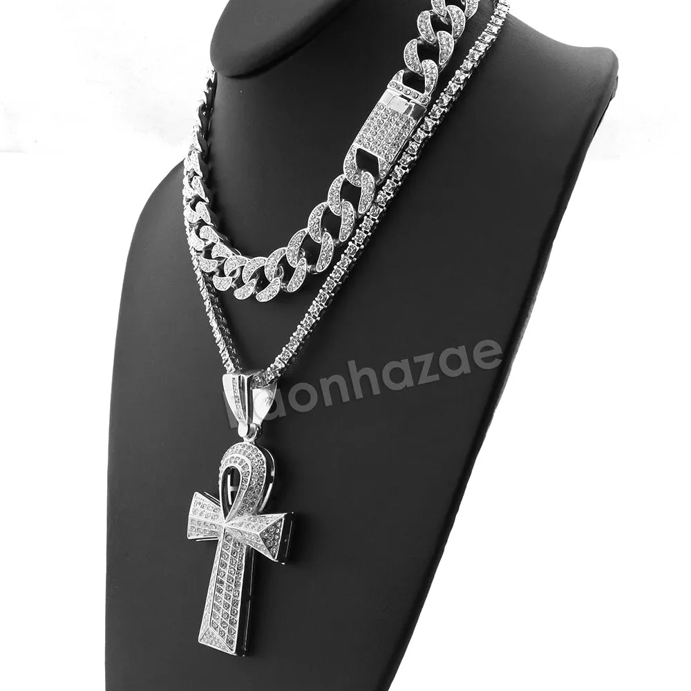 Hip Hop Quavo Ankh Cross Miami Cuban Choker Tennis Chain Necklace L09