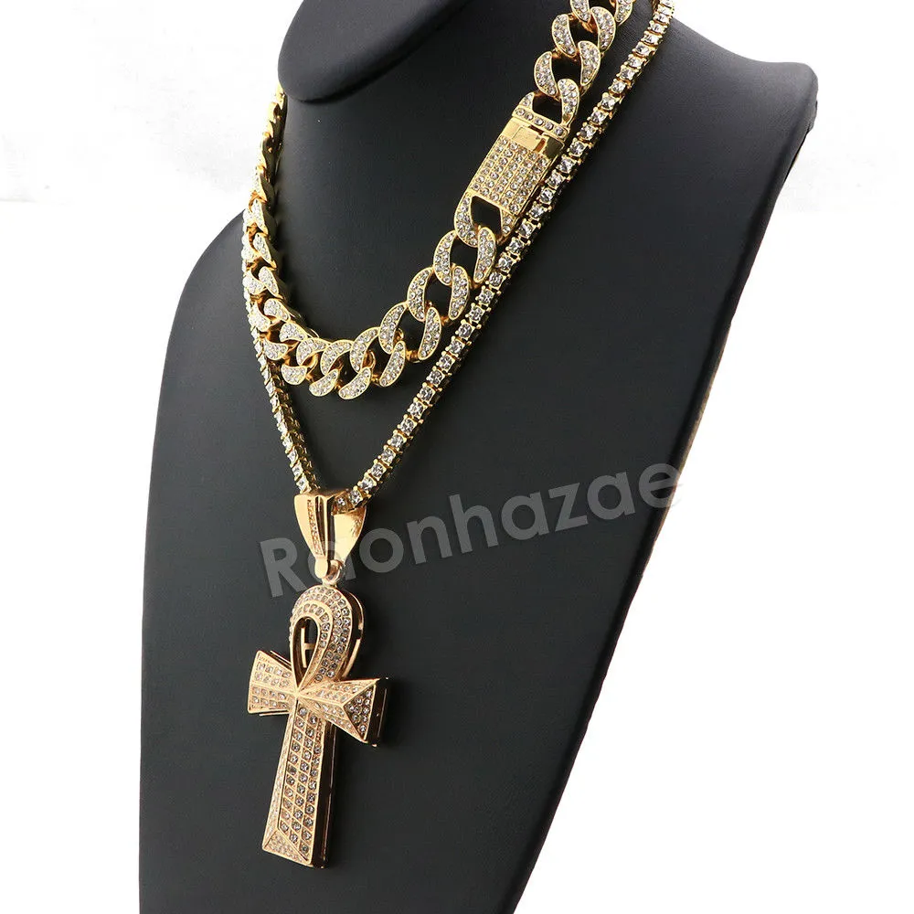 Hip Hop Quavo Ankh Cross Miami Cuban Choker Tennis Chain Necklace L09