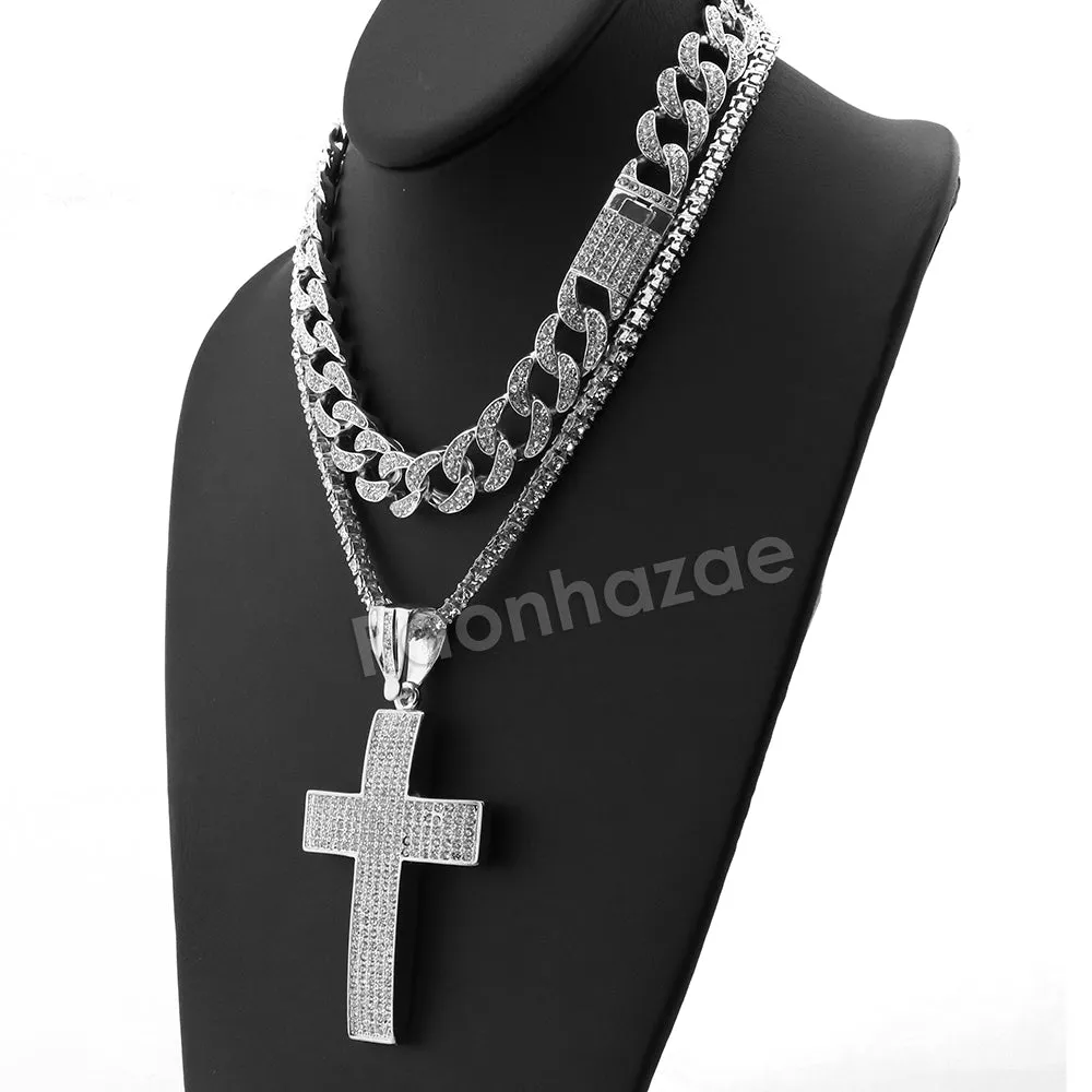 Hip Hop Quavo BIG CROSS Miami Cuban Choker Tennis Chain Necklace L12