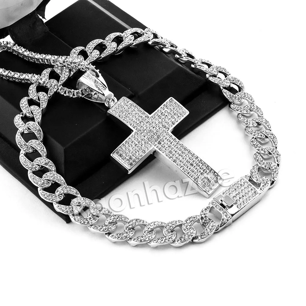 Hip Hop Quavo BIG CROSS Miami Cuban Choker Tennis Chain Necklace L12