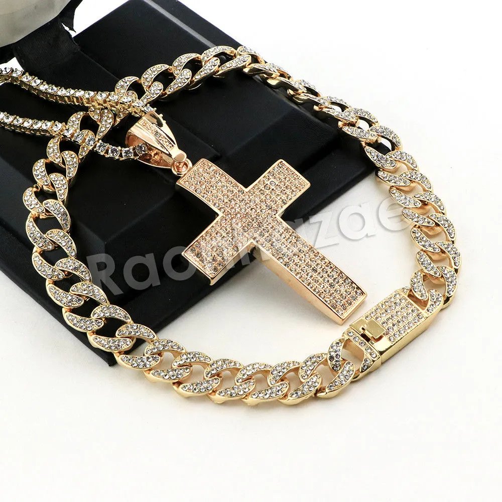 Hip Hop Quavo BIG CROSS Miami Cuban Choker Tennis Chain Necklace L12