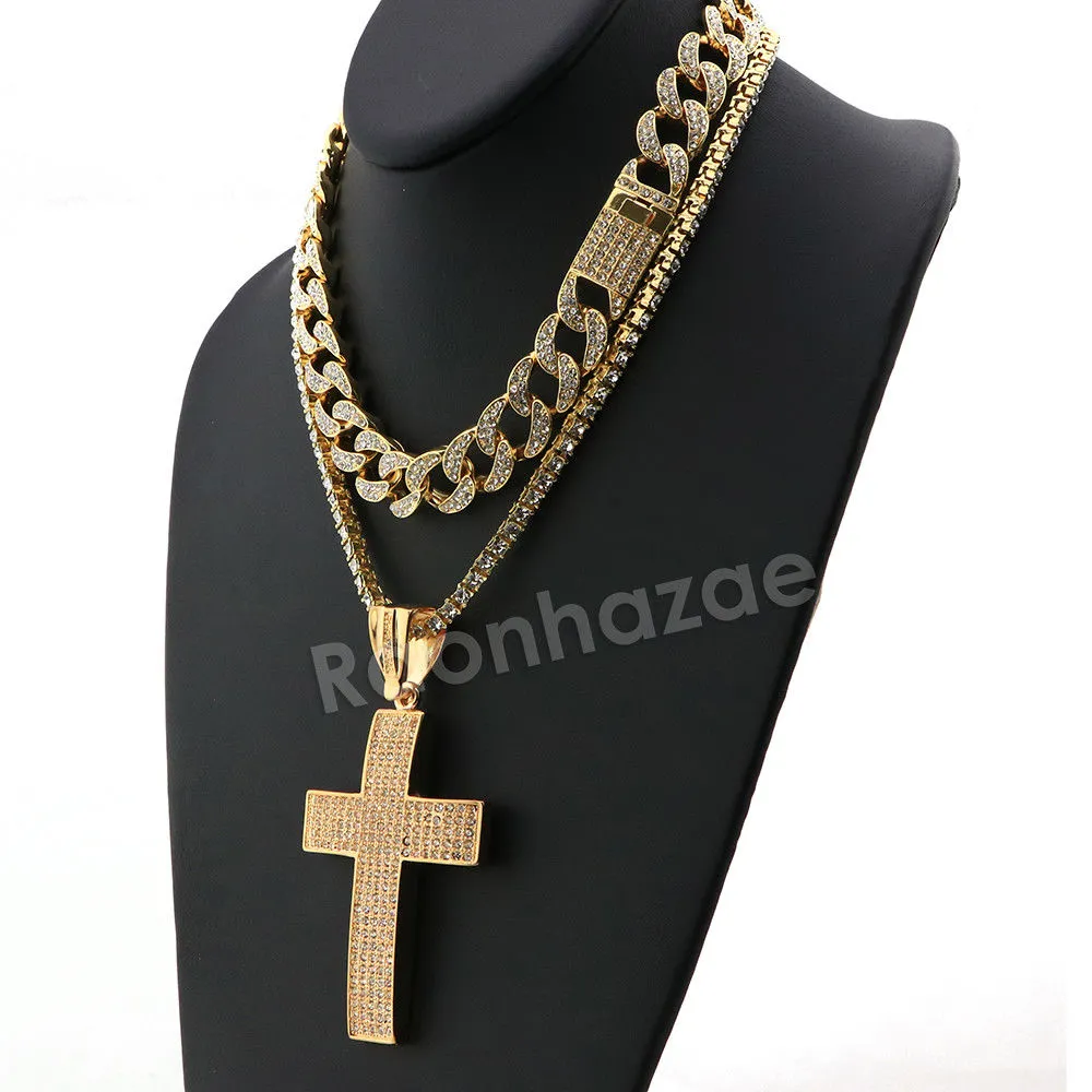 Hip Hop Quavo BIG CROSS Miami Cuban Choker Tennis Chain Necklace L12