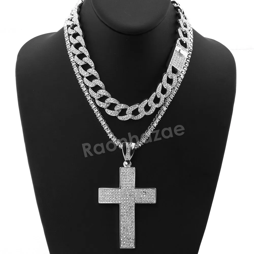 Hip Hop Quavo BIG CROSS Miami Cuban Choker Tennis Chain Necklace L12