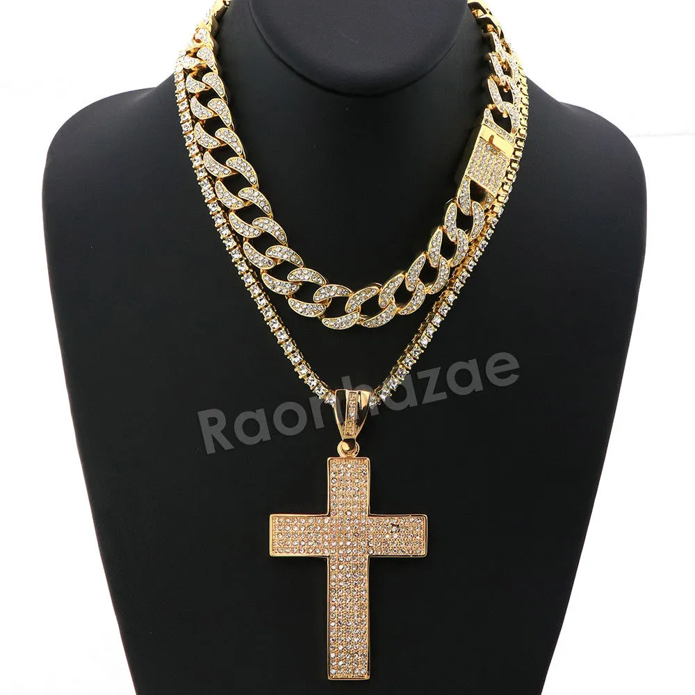Hip Hop Quavo BIG CROSS Miami Cuban Choker Tennis Chain Necklace L12