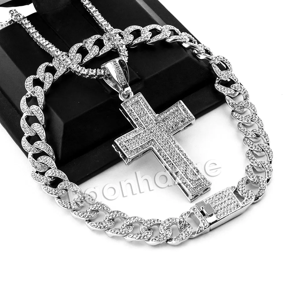 Hip Hop Quavo Cross Miami Cuban Choker Chain Tennis Necklace L26