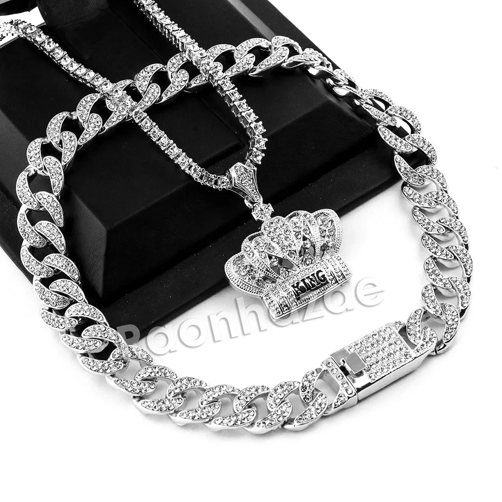 Hip Hop Quavo Crown Miami Cuban Choker Chain Tennis Necklace L53