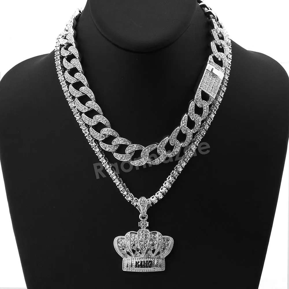 Hip Hop Quavo Crown Miami Cuban Choker Chain Tennis Necklace L53