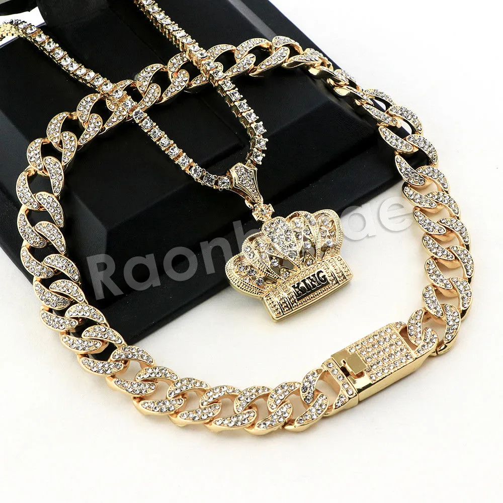 Hip Hop Quavo Crown Miami Cuban Choker Chain Tennis Necklace L53