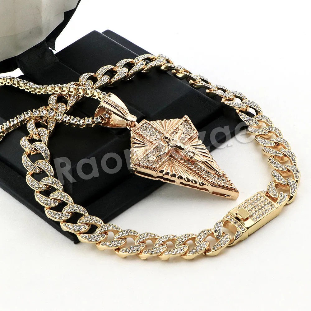 Hip Hop Quavo Diamond Shaped Crucifix Miami Cuban Choker Chain Necklace L52
