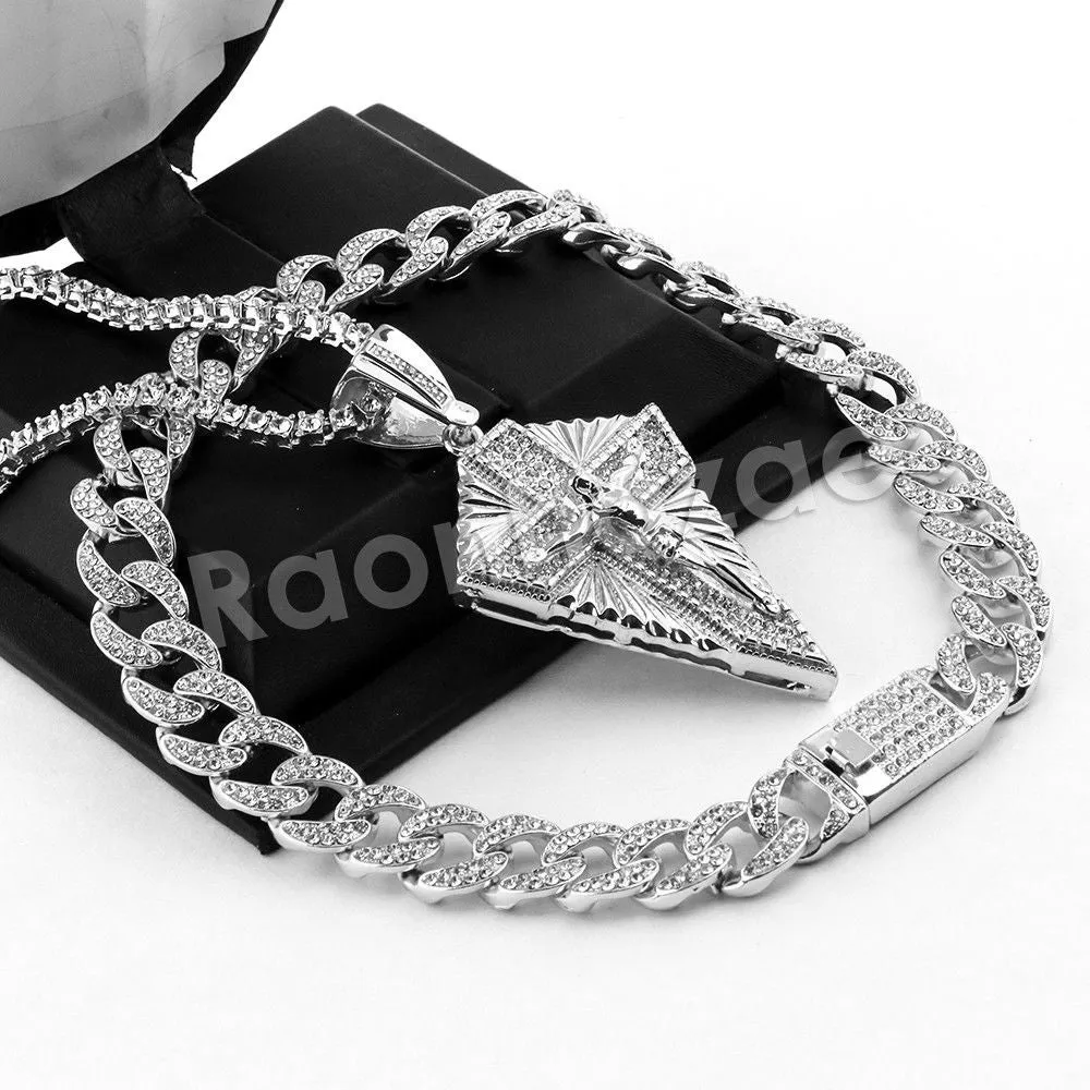 Hip Hop Quavo Diamond Shaped Crucifix Miami Cuban Choker Chain Necklace L52