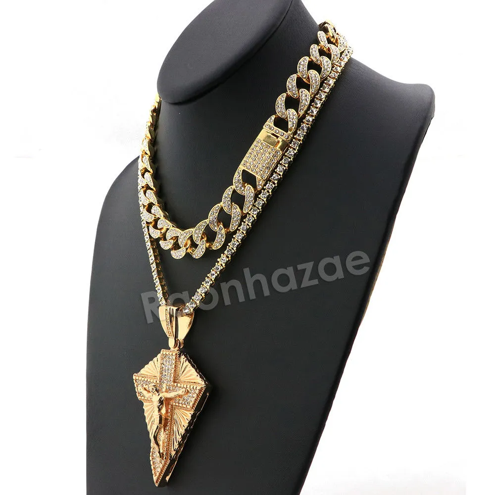 Hip Hop Quavo Diamond Shaped Crucifix Miami Cuban Choker Chain Necklace L52