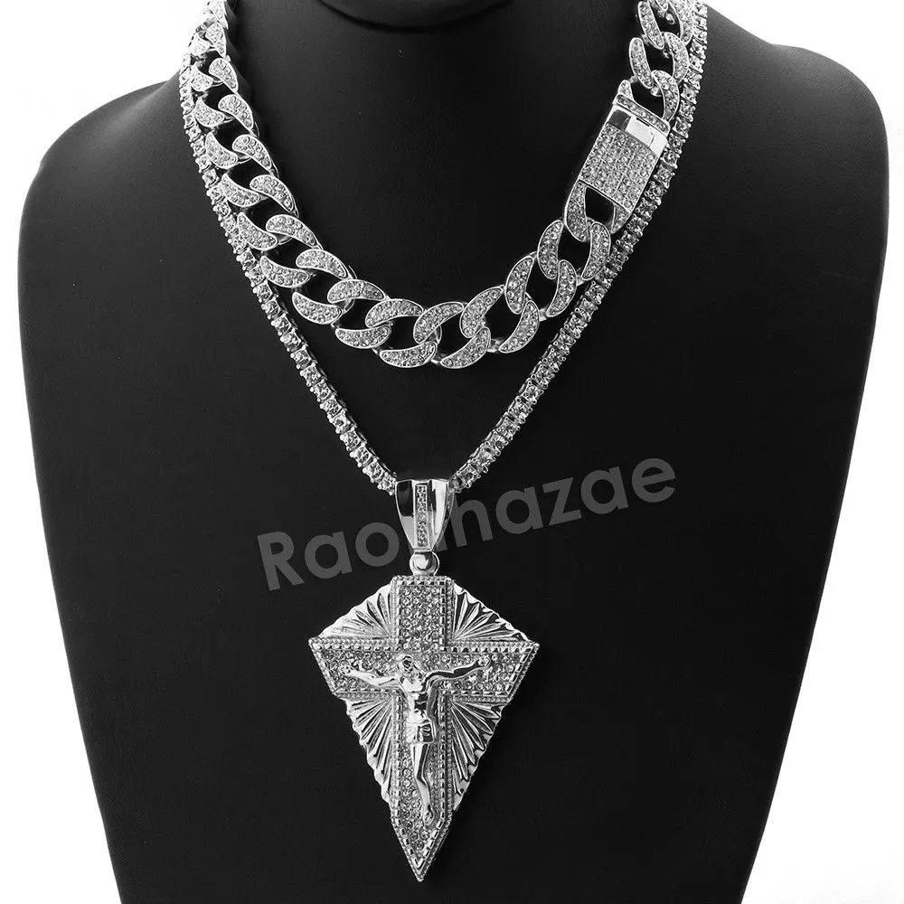 Hip Hop Quavo Diamond Shaped Crucifix Miami Cuban Choker Chain Necklace L52