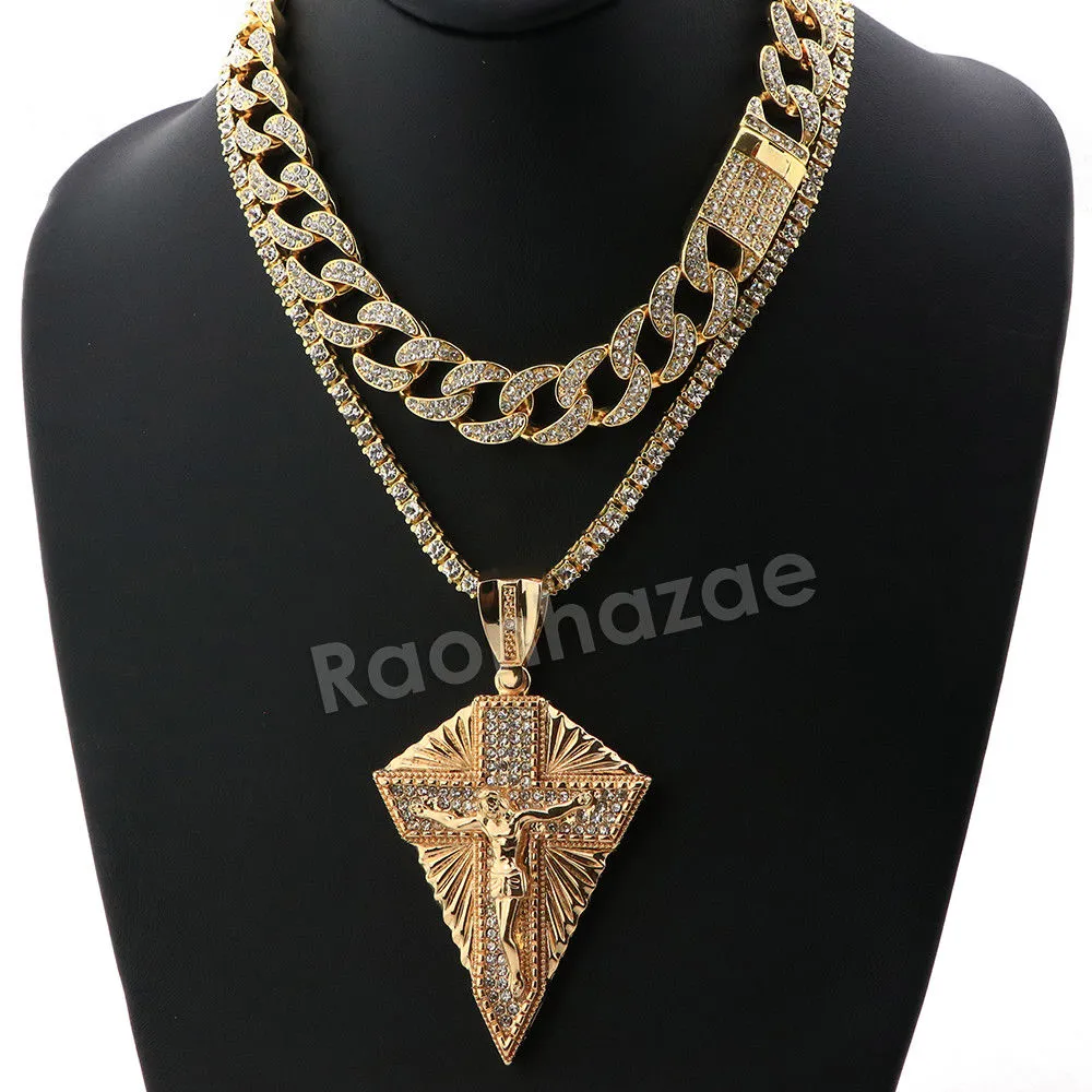 Hip Hop Quavo Diamond Shaped Crucifix Miami Cuban Choker Chain Necklace L52