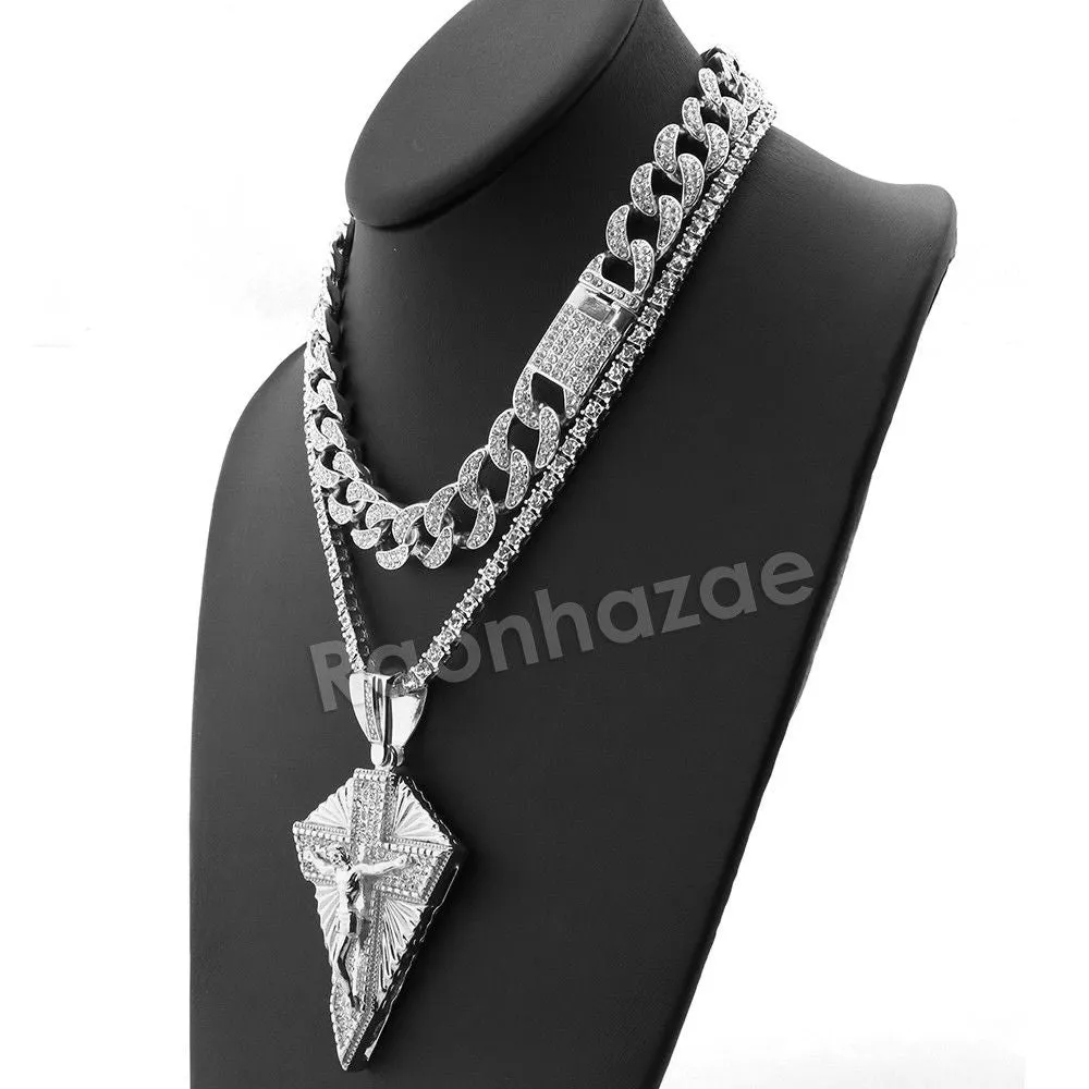 Hip Hop Quavo Diamond Shaped Crucifix Miami Cuban Choker Chain Necklace L52