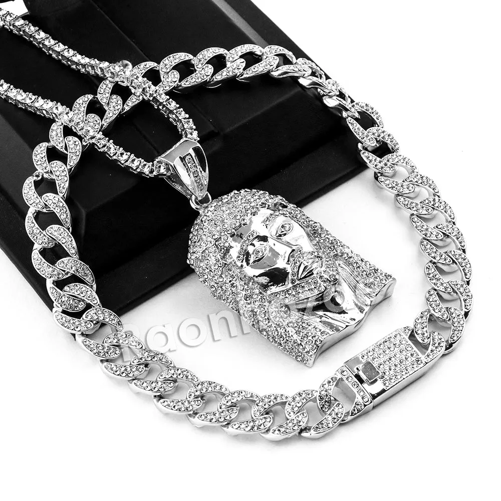 Hip Hop Quavo Jesus Face Miami Cuban Choker Chain Tennis Necklace L37