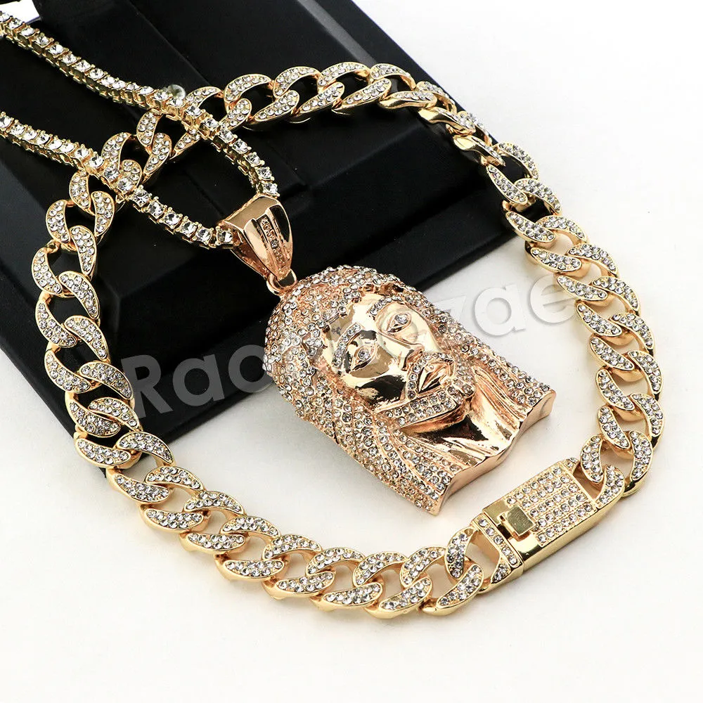 Hip Hop Quavo Jesus Face Miami Cuban Choker Chain Tennis Necklace L37