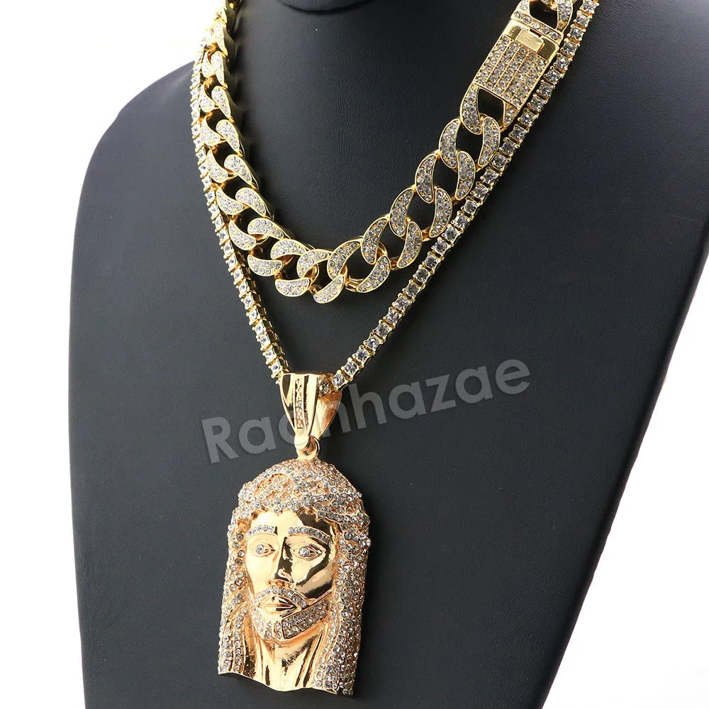 Hip Hop Quavo Jesus Face Miami Cuban Choker Chain Tennis Necklace L37