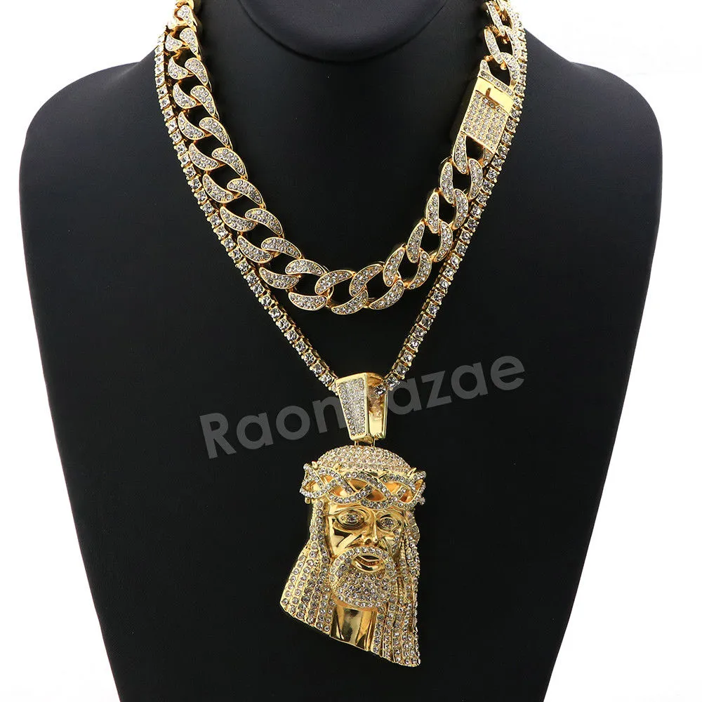 Hip Hop Quavo Jesus Face Miami Cuban Choker Chain Tennis Necklace L48