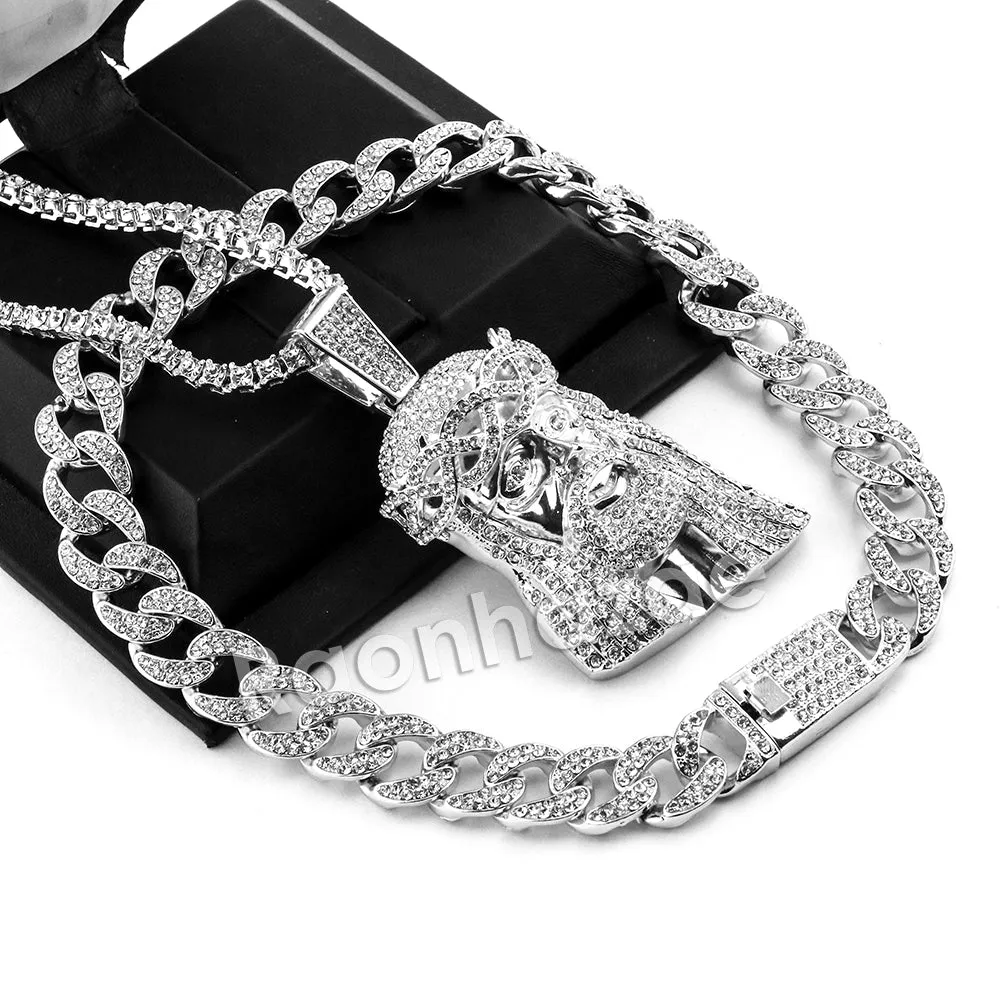Hip Hop Quavo Jesus Face Miami Cuban Choker Chain Tennis Necklace L48