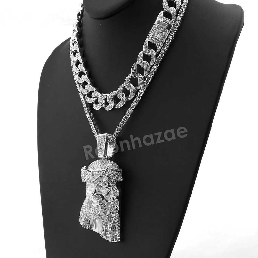 Hip Hop Quavo Jesus Face Miami Cuban Choker Chain Tennis Necklace L48