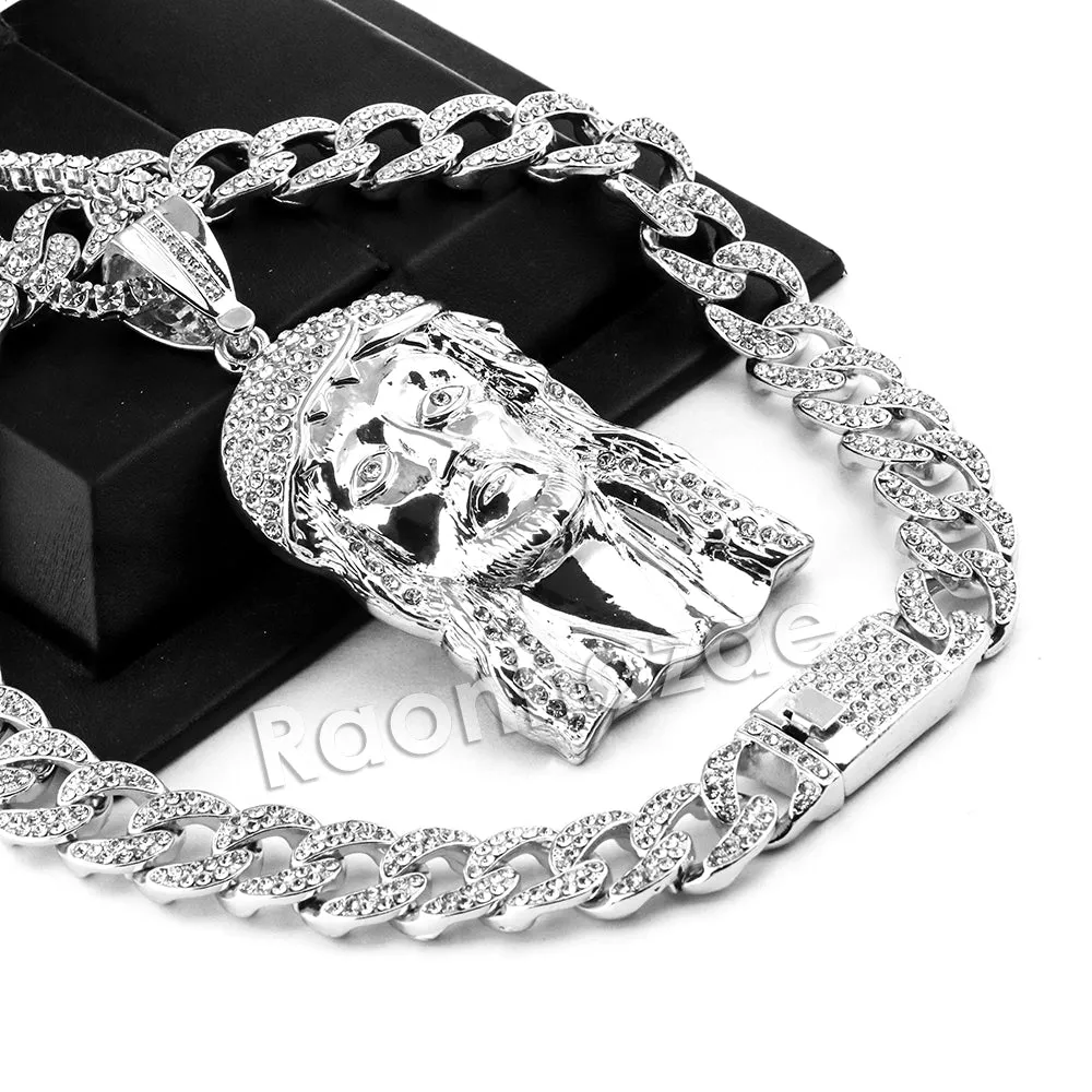 Hip Hop Quavo Jesus Face Miami Cuban Choker Tennis Chain Necklace L16
