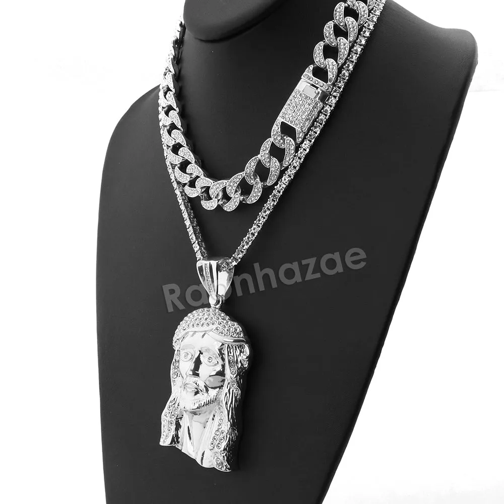 Hip Hop Quavo Jesus Face Miami Cuban Choker Tennis Chain Necklace L16