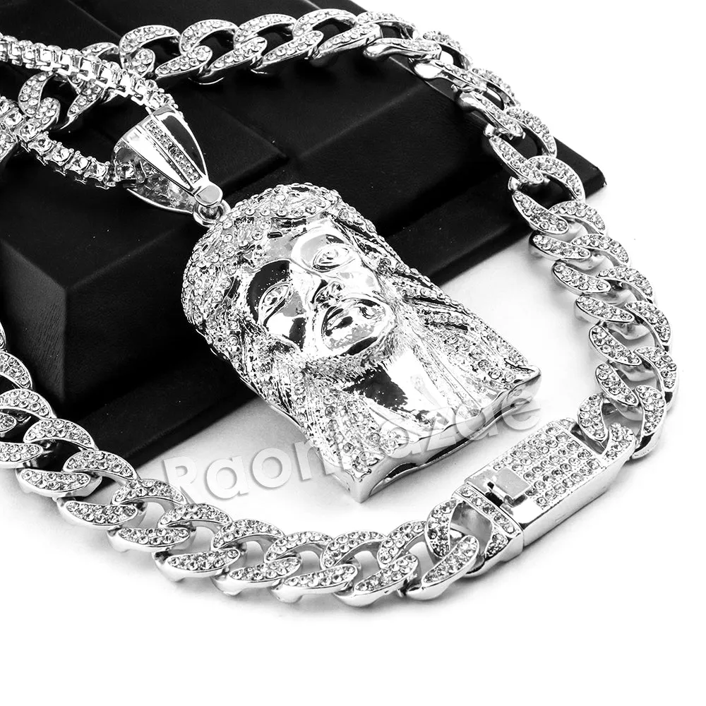 Hip Hop Quavo Jesus Face Miami Cuban Choker Tennis Chain Necklace L16