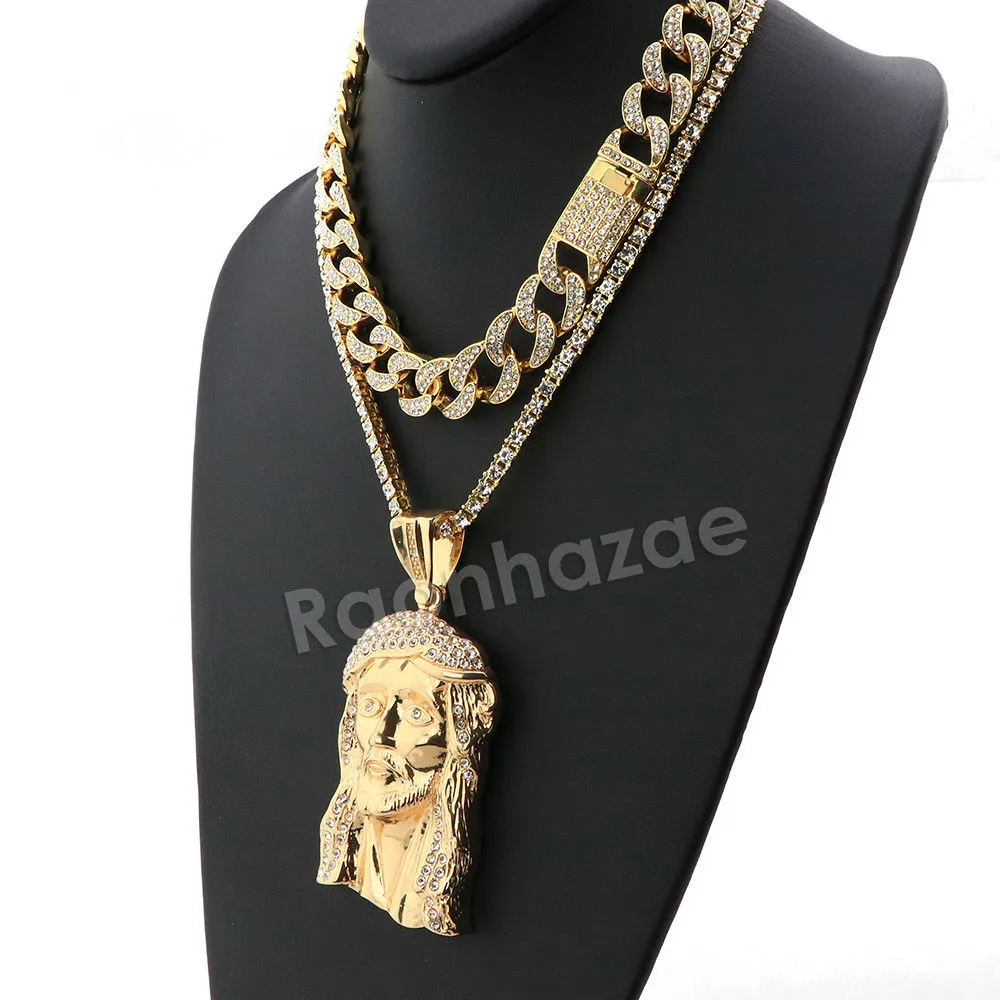Hip Hop Quavo Jesus Face Miami Cuban Choker Tennis Chain Necklace L16