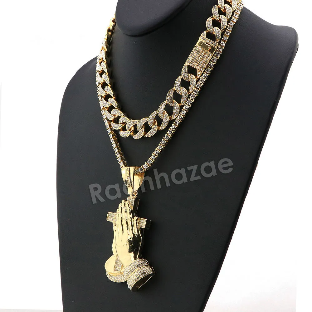 Hip Hop Quavo PRAYING HANDS Miami Cuban Choker Tennis Chain Necklace L19