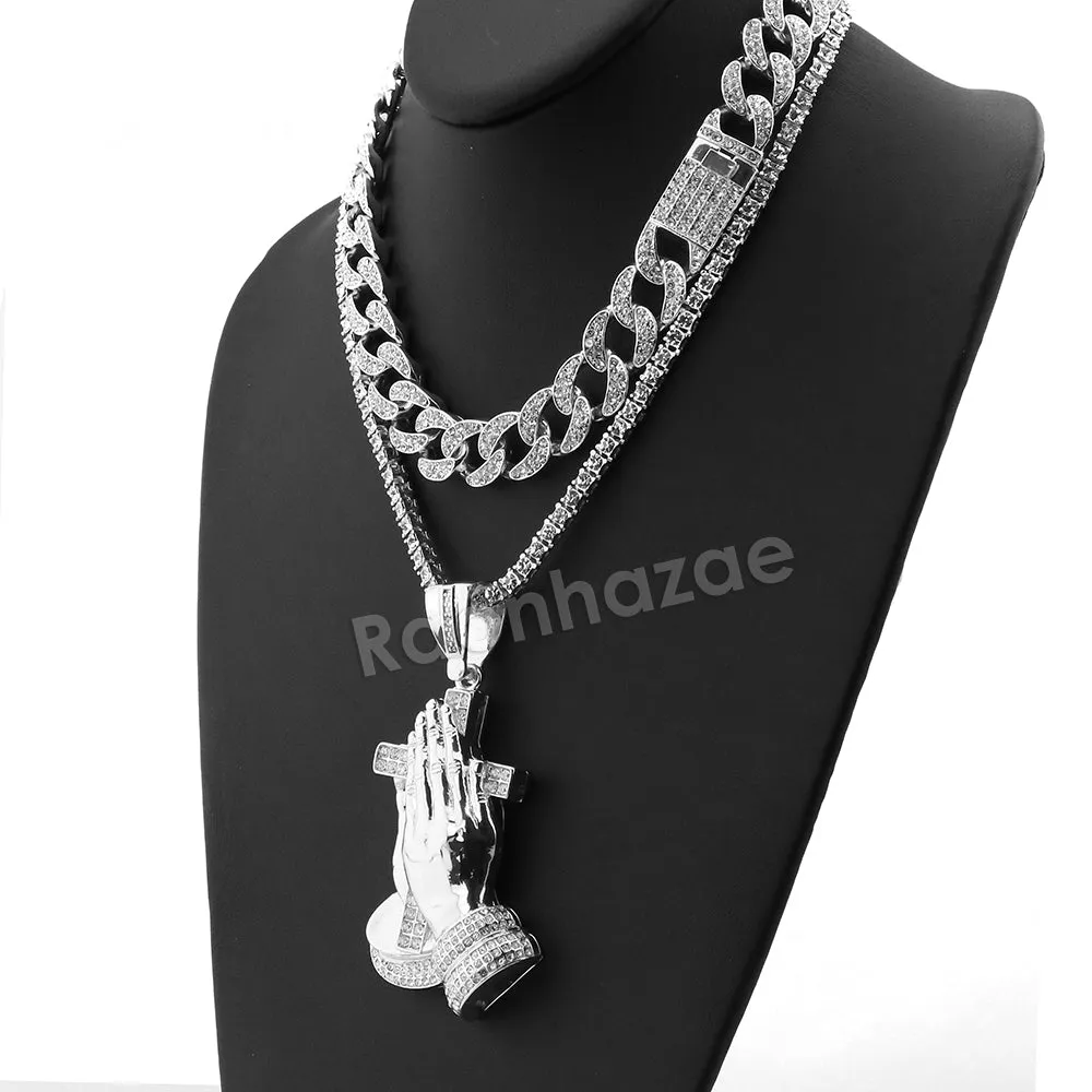 Hip Hop Quavo PRAYING HANDS Miami Cuban Choker Tennis Chain Necklace L19
