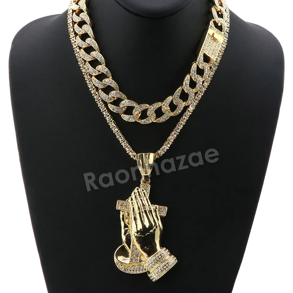 Hip Hop Quavo PRAYING HANDS Miami Cuban Choker Tennis Chain Necklace L19