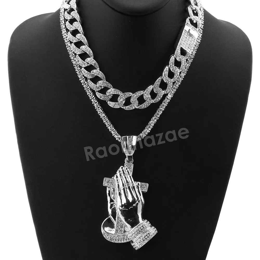 Hip Hop Quavo PRAYING HANDS Miami Cuban Choker Tennis Chain Necklace L19