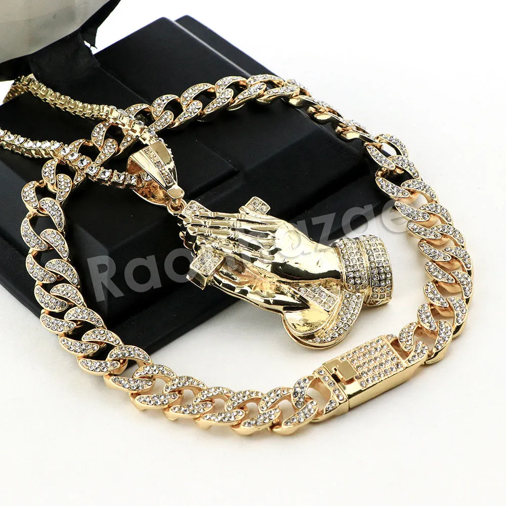 Hip Hop Quavo PRAYING HANDS Miami Cuban Choker Tennis Chain Necklace L19