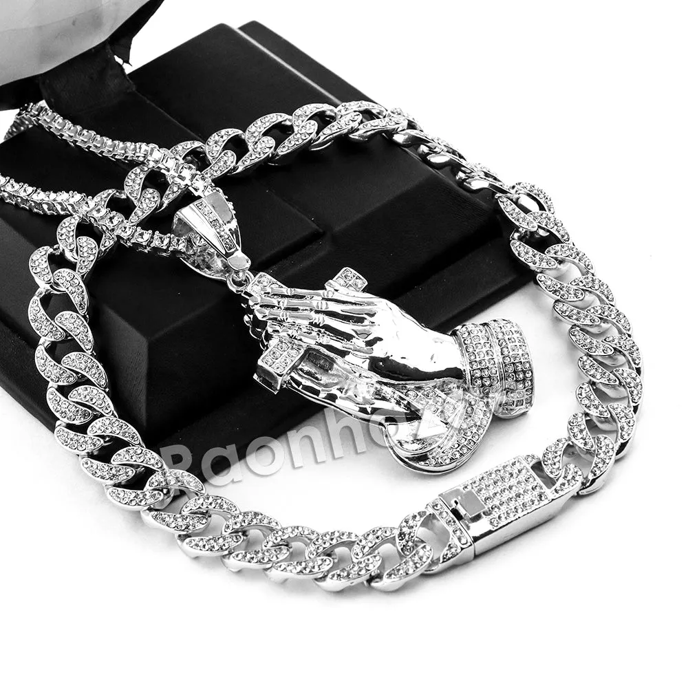 Hip Hop Quavo PRAYING HANDS Miami Cuban Choker Tennis Chain Necklace L19