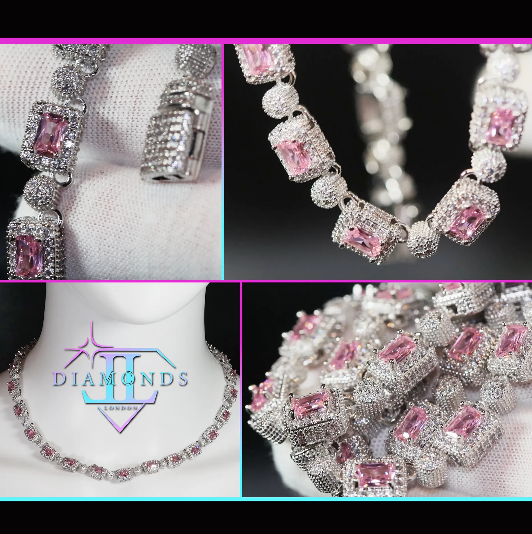 Iced Out Chain | Pink Diamond Necklace | Tennis Chain | Tennis Necklace | Mens Tennis Chain | Womens Tennis Chain | Diamond Tennis Chain