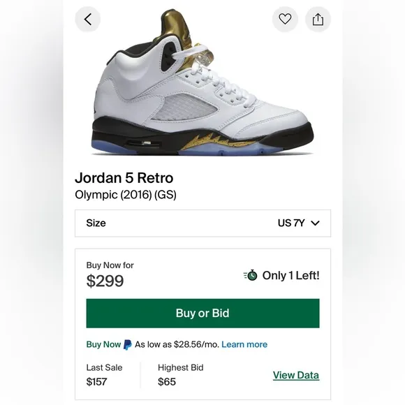 Jordan 5 Retro GS “Olympic (2016)” Youth Size 7Y/ Women’s Size 8.5