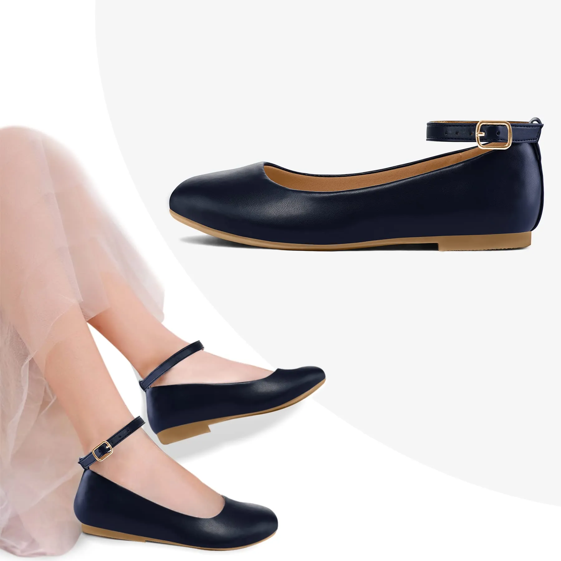Kids Dress Shoes-PU Leather Ankle Strap Ballet Flat Shoes