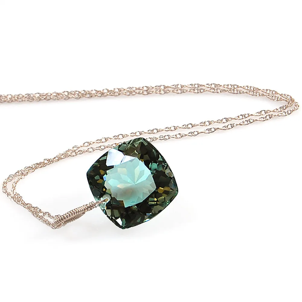 Light Green Amethyst Cushion Cut Solitaire Necklace