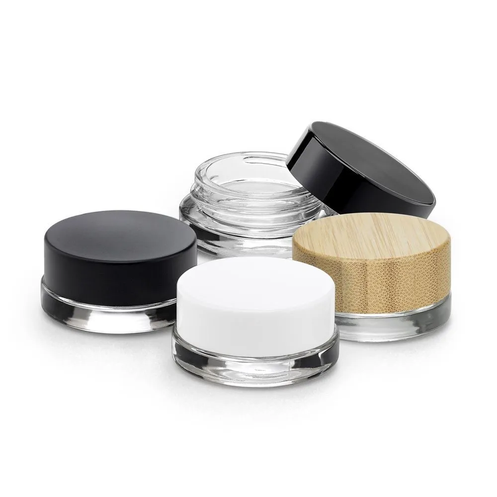 Low Profile Glass Sample Jars   Threaded Caps   Liners - 5 Grams / BAMBOO Caps / Case of 200 Jars   Caps - Unassembled