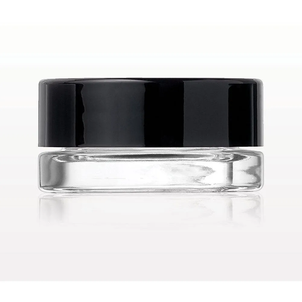 Low Profile Glass Sample Jars   Threaded Caps   Liners - 5 Grams / SHINY BLACK Caps / Case of 200 Jars   Caps - Unassembled