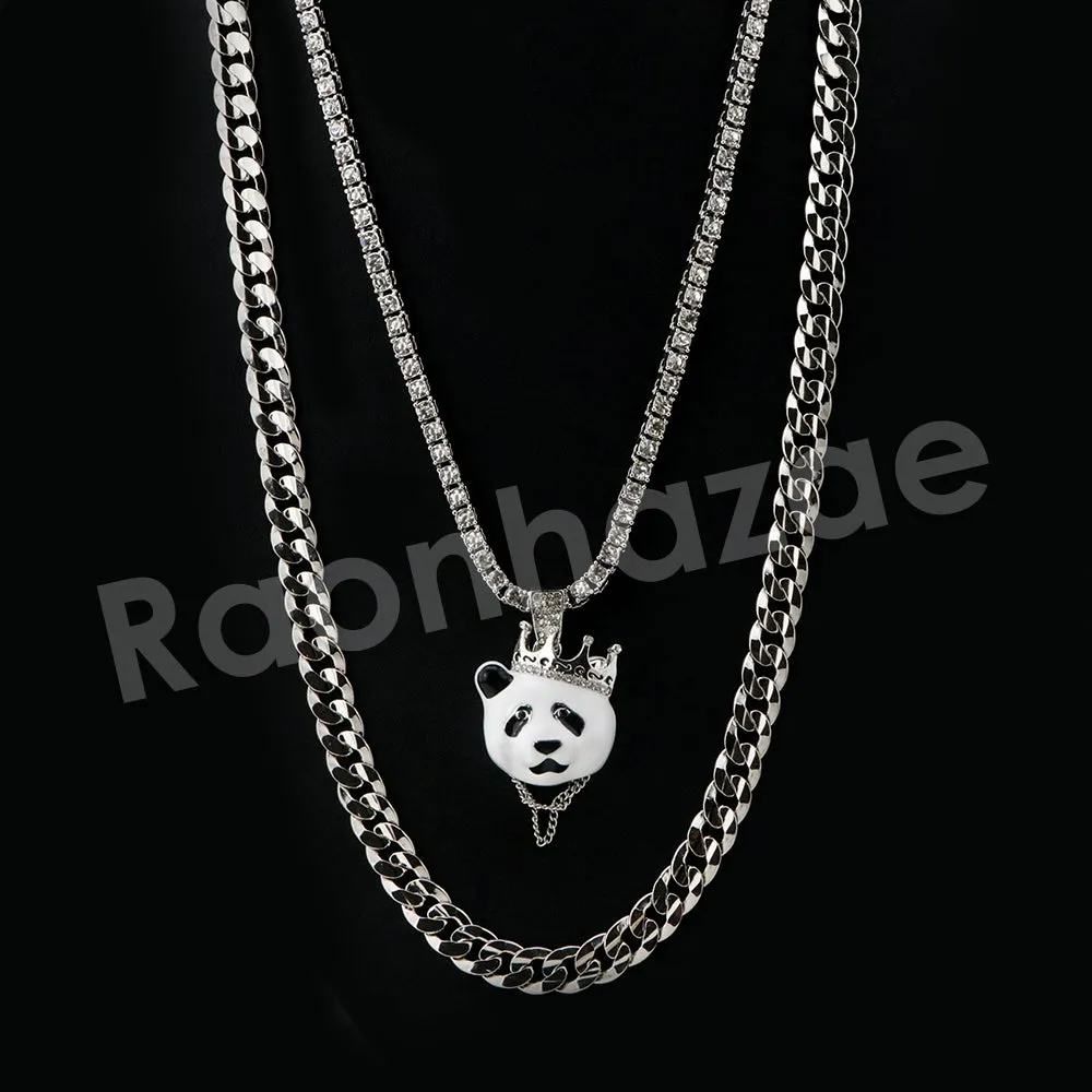 Micro Pave Iconic Cute Panda Pendant w/ 18" Tennis / 30" Cuban Chain